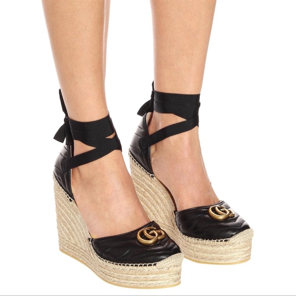 Gucci Matelasse Marmont Espadrille Wedges in Black Leather